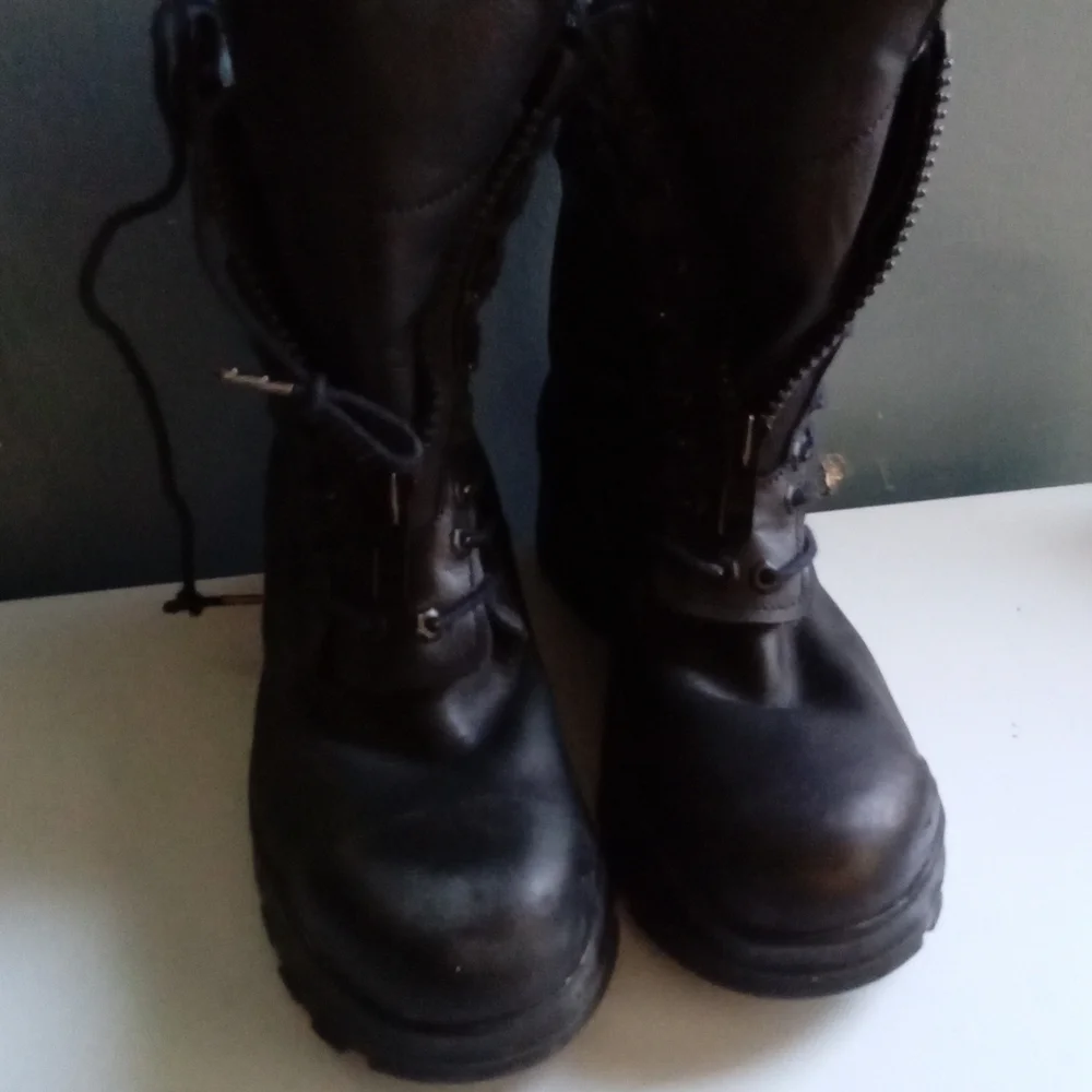 Black Leather Combat Boots Side Zip Lace Up Chunky Sole Work Military Style Mens